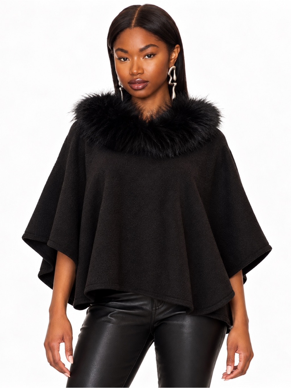NWT Adrienne Landau Black Cape Poncho with Genuine Fox Fur Trim One Size